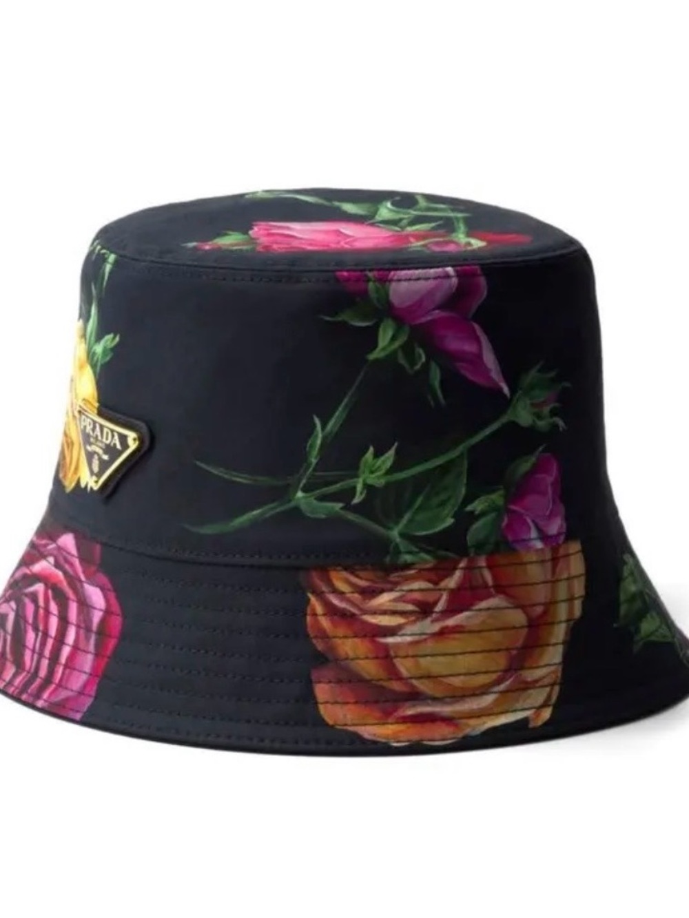 Prada Floral Print Black Bucket Hat with logo